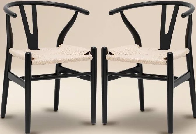 (set of 4 chairs.) poly & bark weave dining chairs – mid-century modern wishbone dining chairs with arms, solid wood frame, indoor use – black – set of 2 - ideal for dining room, kitchen or stylish accent setting