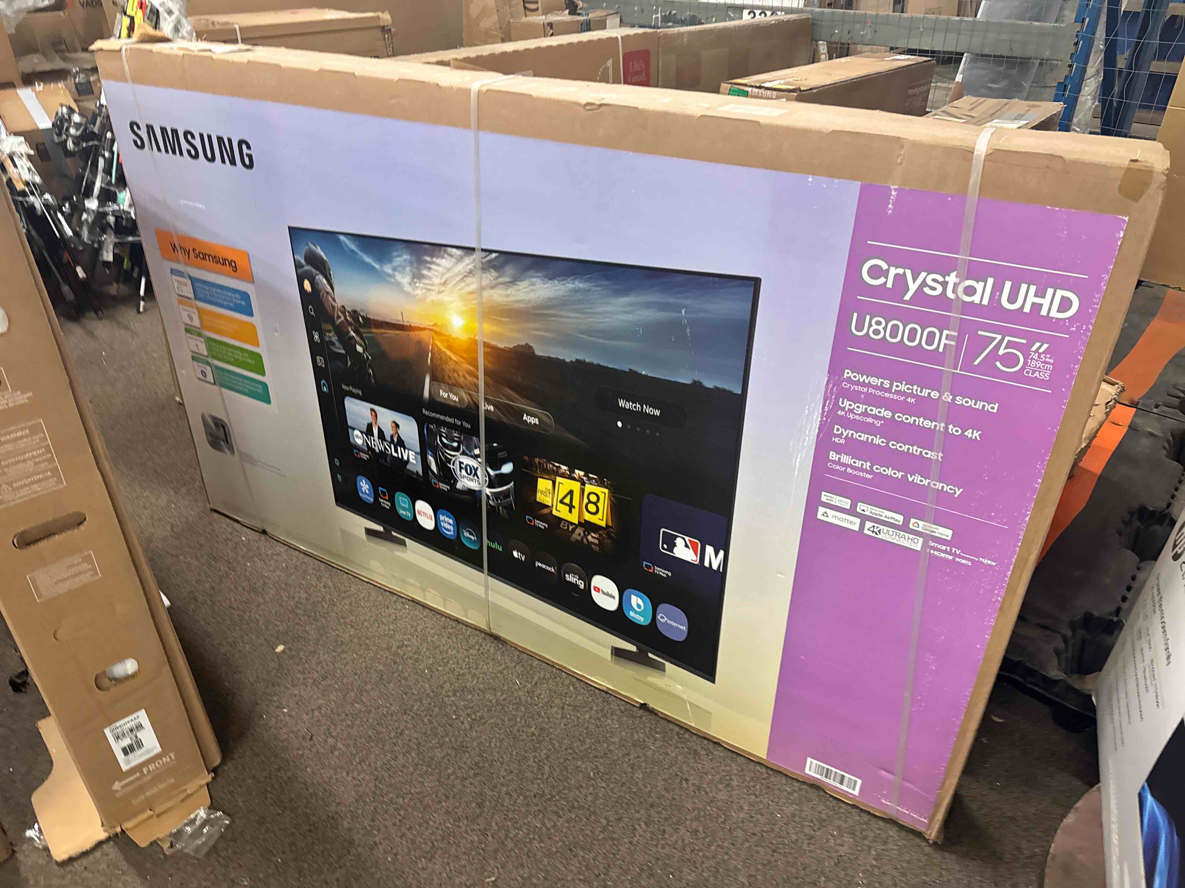 Condition photo showing New/Like New for samsung 75-inch class crystal uhd u8000f 4k smart tv (2025 model) endless free content, processor, metalstream design, knox security, alexa built-in