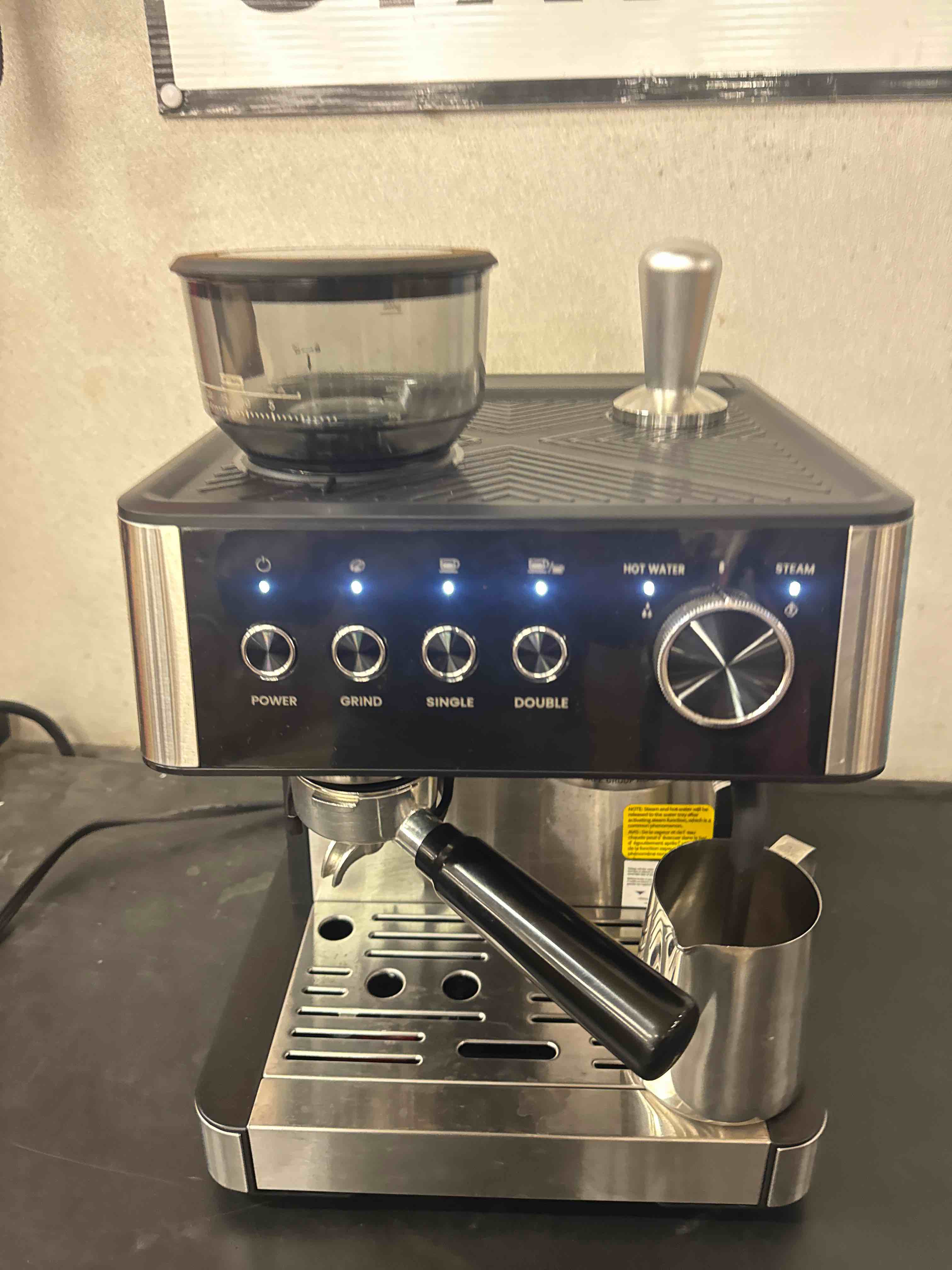 Condition photo showing Good Condition for espresso machine with grinder, 20 bar expresso coffee machines with milk frother steam wand, professional espresso maker with removable water tank, cappuccino & latte machine for home (powers on, see photos.)
