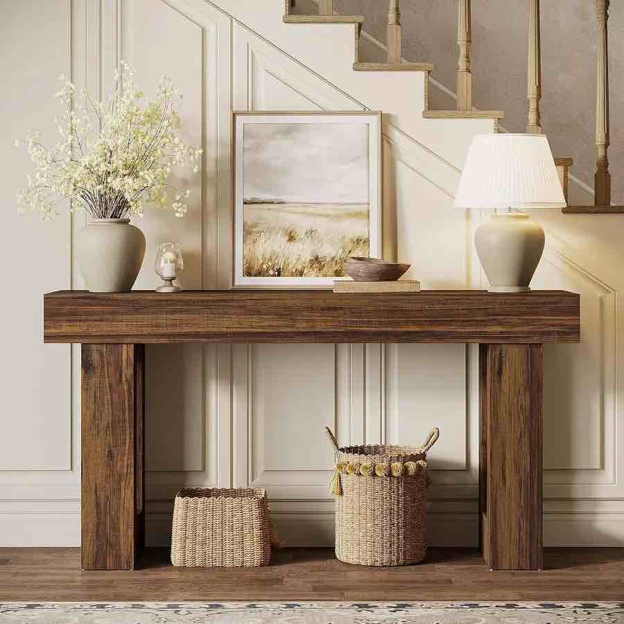 Condition photo showing New/Like New for tribesigns farmhouse console table, 63-inch long narrow sofa table behind the couch, wooden rectangular entryway table for entrance, hallway, living room, rustic brown (rustic brown) hoga-hl0226 & hoga-jw0908