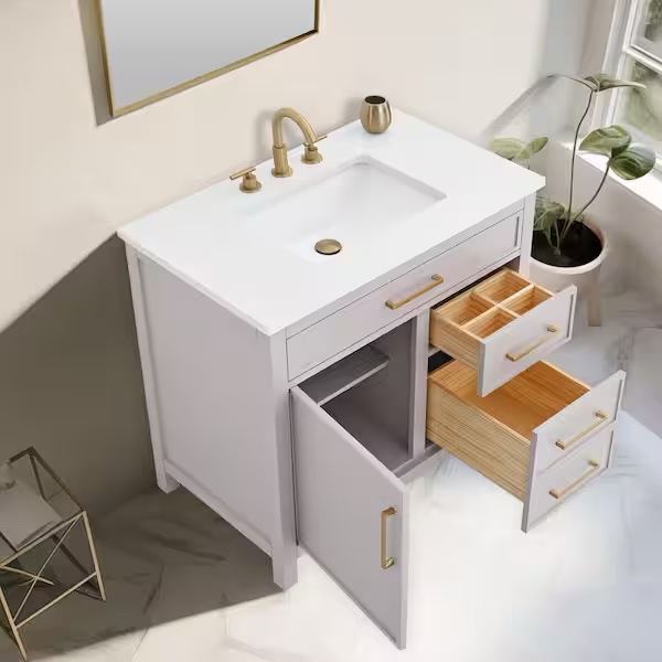 Condition photo showing New/Like New for sudio cooper 36 in. w bath vanity in taupe with engineered stone top in ariston white with white sink