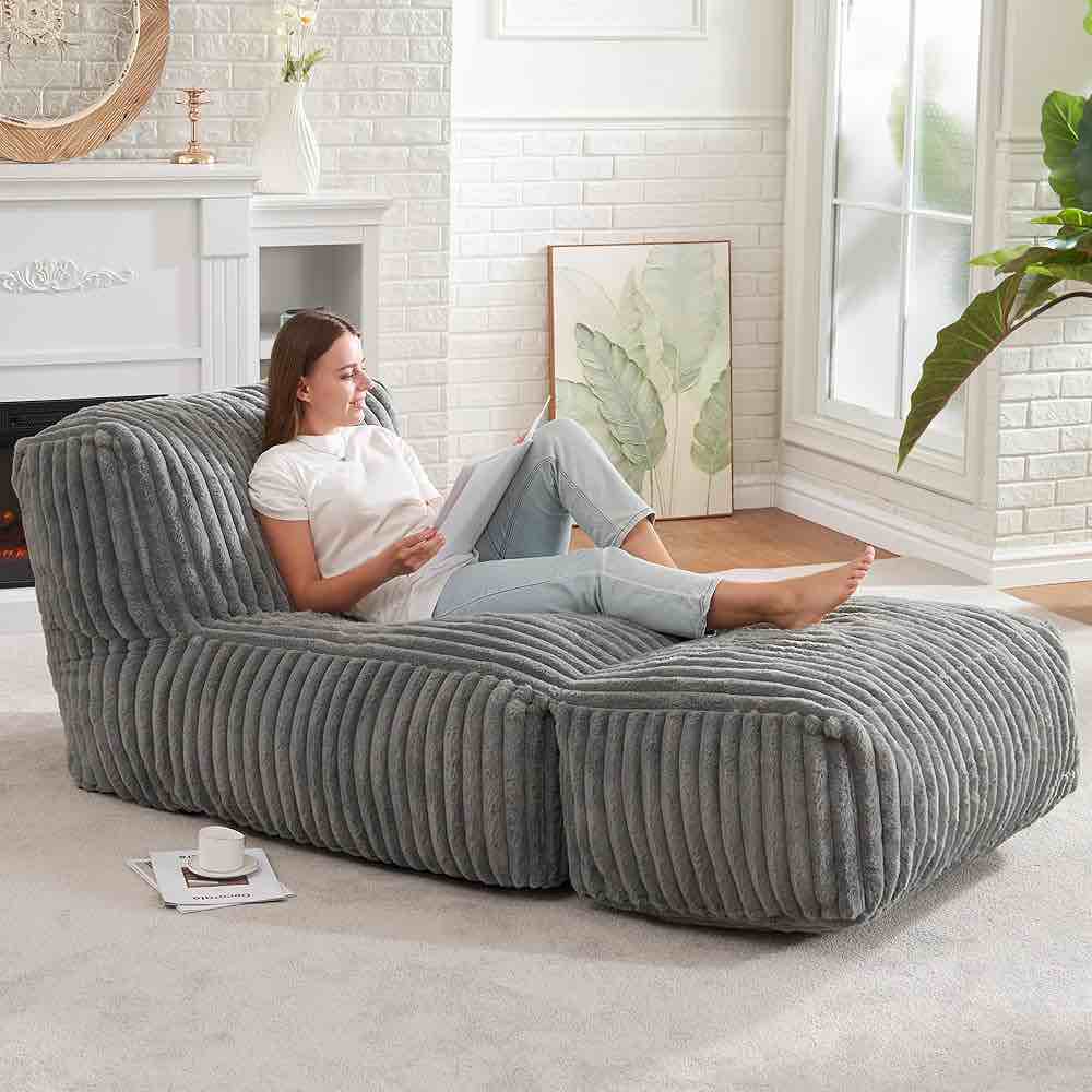 hobestluk big bean bag lounger chairs large beanbag chair for adults bean bag sofa with memory foam filled for living room, bedroom or balcony (stripe grey