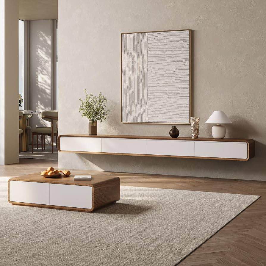 Condition photo showing New/Like New for povison fully-assembled minimalist floating tv stand, modern wall-mounted entertainment center with 4 flip-down cabinet doors, solid wood media console, 110.24"