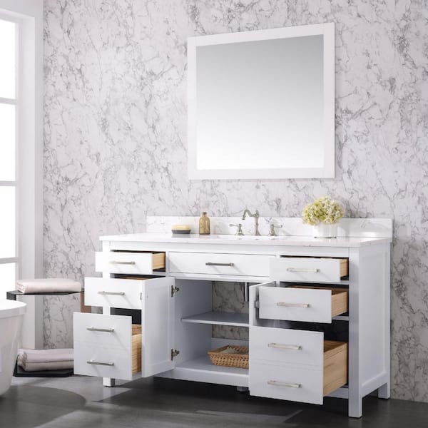 Condition photo showing New/Like New for jasper 60 in. w x 22 in. d bath vanity in white with engineered stone vanity top in carrara white with white sink jasper-60w-s 60 inch