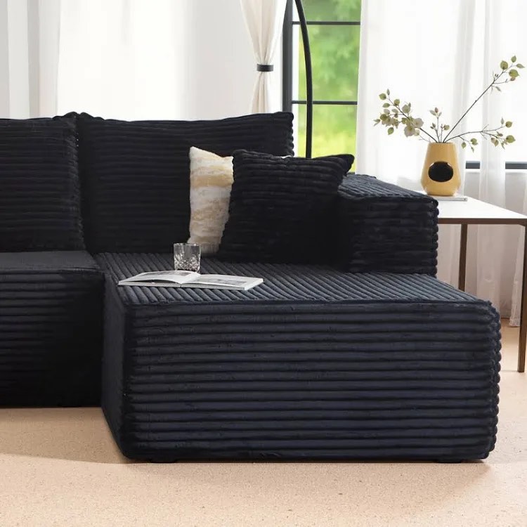 Condition photo showing New/Like New for 108.2” modular sectional cloud sofa for living room modern minimalist couch with l-shaped chaise upholstered corduroy couch, deep seat, no assembly required (lounge chaise) by mercer41 upholstery color: black reclining type: righ