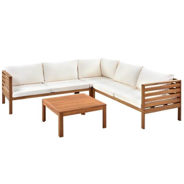 Condition photo showing New/Like New for gigacloud 6-piece patio acacia wood outdoor sectional set l-sofa seating group with coffee table, beige cushions sofa corner set