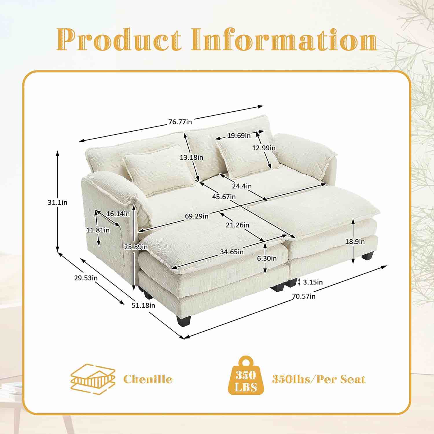 Condition photo showing Good Condition for deep seat sectional cloud sofa with 2 ottomans & soft pillows, loveseat modular couch with side pocket, convertible 2 seat sofa for living room, small space, chenille beige (complete - needs a cleaning.)