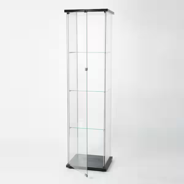 Condition photo showing New/Like New for jenlea floor standing 64 in. x 17 in. x 14.5 in. black 4-layer clear glass display cabinet curio cabinet fscc642314bl (bid is per cabinet, lot is for 3 curio cabnets total.)
