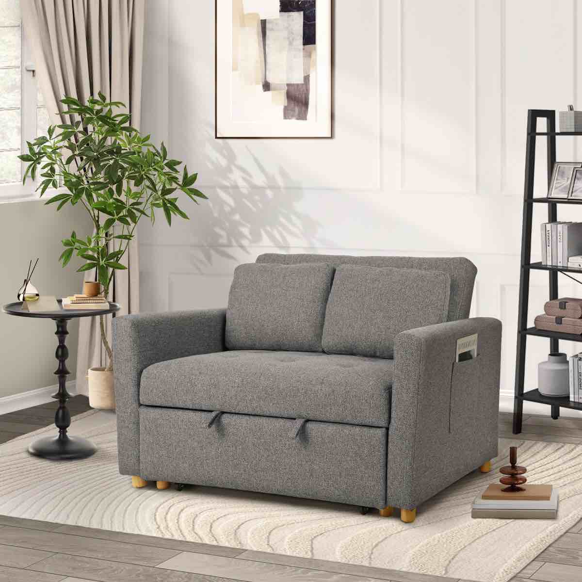Condition photo showing New/Like New for shortridge 48.5"w 3-in-1 convertible linen sleeper sofa bed pull out couch adjustable backrest and pillows, ebern designs