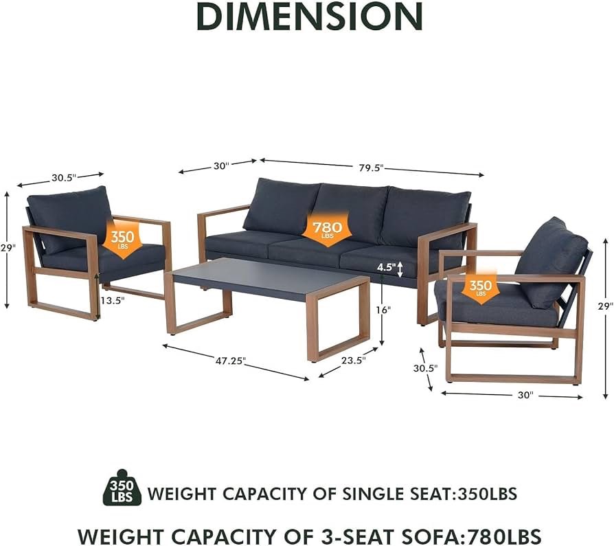 Condition photo showing New/Like New for grand patio alu. k.d sofa outdoor 4-piece modern aluminum patio furniture sets 5 person conversation set, faux wood grain finish frame sofa with removable olefin extra thick cushions and coffee table for garden