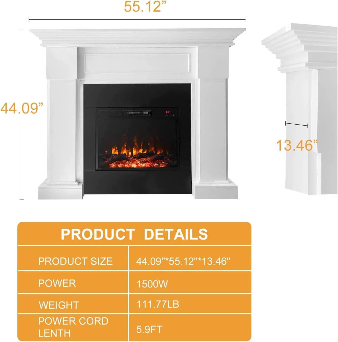 Condition photo showing New/Like New for 55.12" electric fireplace with mantel, 1500w freestanding heater with remote control by red barrel studio size: 44" h x 55" w x 13" d