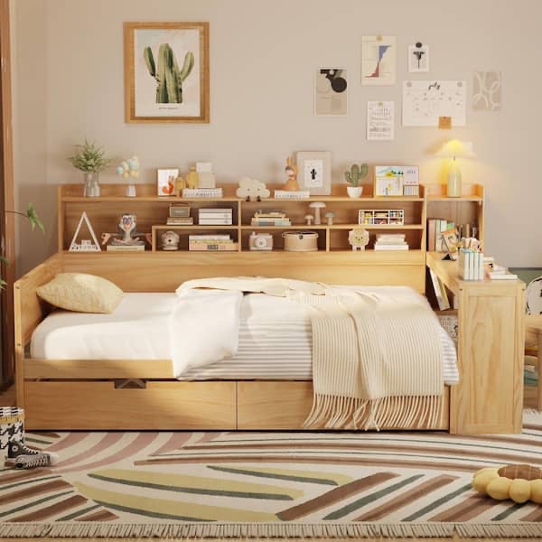 Condition photo showing New/Like New for harper bright designs natural multi-functional full size wood daybed with storage shelves, 2-drawers and study desk