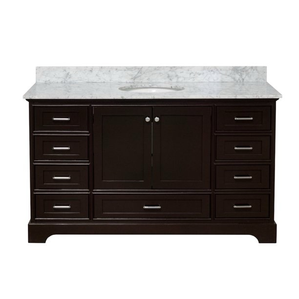 Condition photo showing New/Like New for kbc harper 60" solid wood single bathroom vanity w/ carrara stone in chocolate
