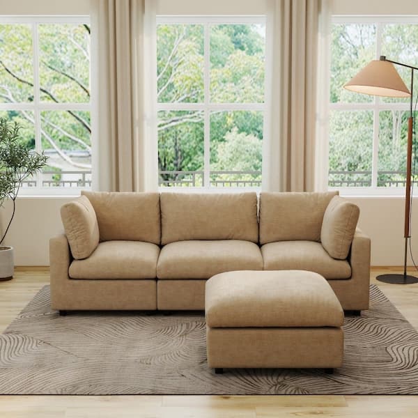 Condition photo showing New/Like New for modern deep seater 101 in. square arm chenille modular l-shaped sofa with ottoman, detachable covesr for office in khaki