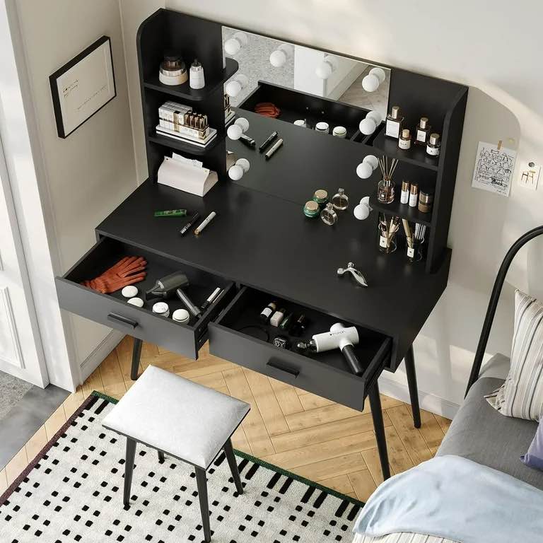 Condition photo showing New/Like New for furniouse vanity desk, vanity mirror with lights and table set with drawers, vanity set 3 lighting modes brightness adjustable for bedroom studio black