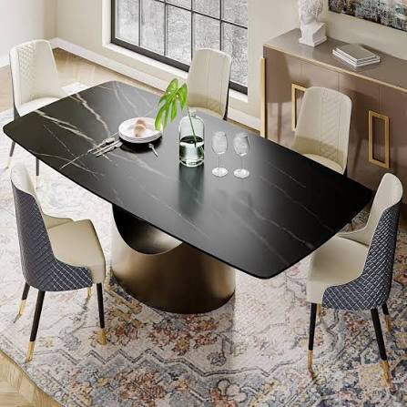 Condition photo showing New/Like New for povison dining table set for 4, 63" black rectangular matte sintered stone table with bronze carbon steel base,pu dining chair of 4(63" table)