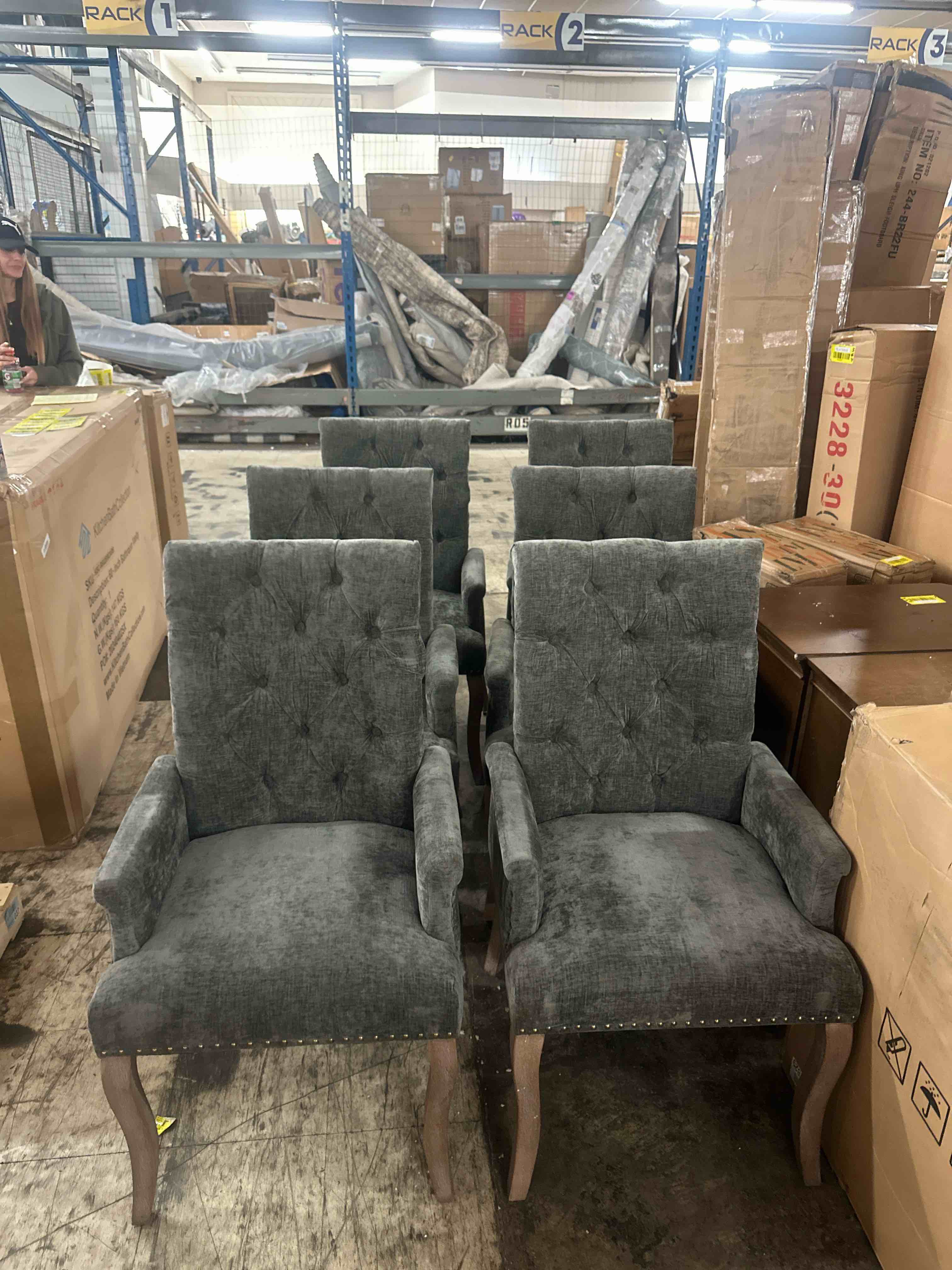 Condition photo showing Good Condition for 6 seita tufted chenille upholstered dining arm chairs