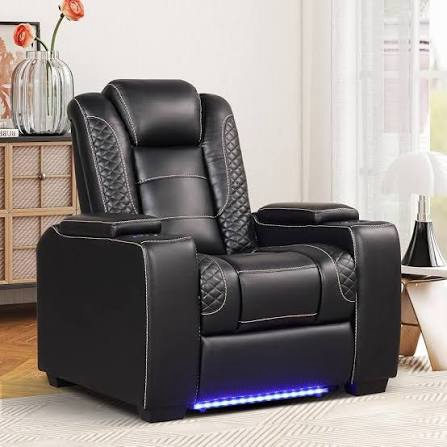 Condition photo showing New/Like New for anj power home theater seating, pu leather electric recliner chair with adjustable powered headrest, dual motor movie reclining chairs with led lights,usb port, cup holders, hidden arm storage (black)
