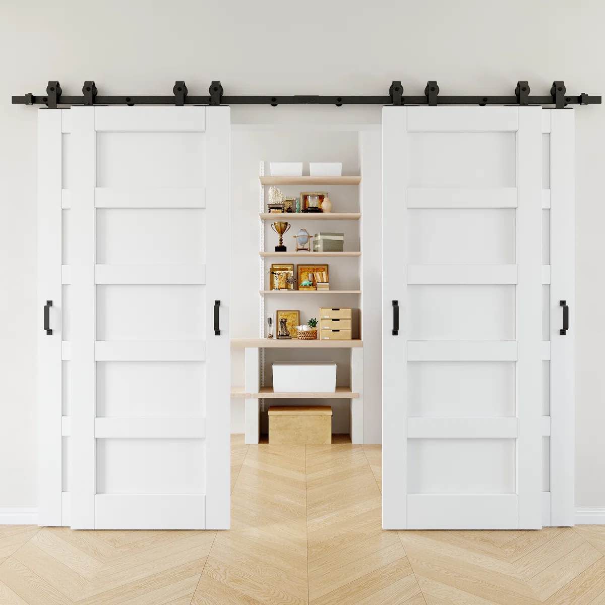 Condition photo showing New/Like New for 80"h 5-panel manufacture wood, white primer bypass sliding barn doors, two single-track systems hardware kit included, 4 door — no assembly required, paintable by ark design