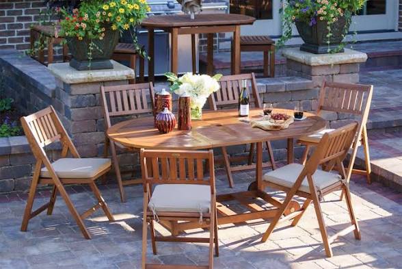 Condition photo showing New/Like New for outdoor interiors eucalyptus oval fold & store dining set with beige cushions - 7 piece