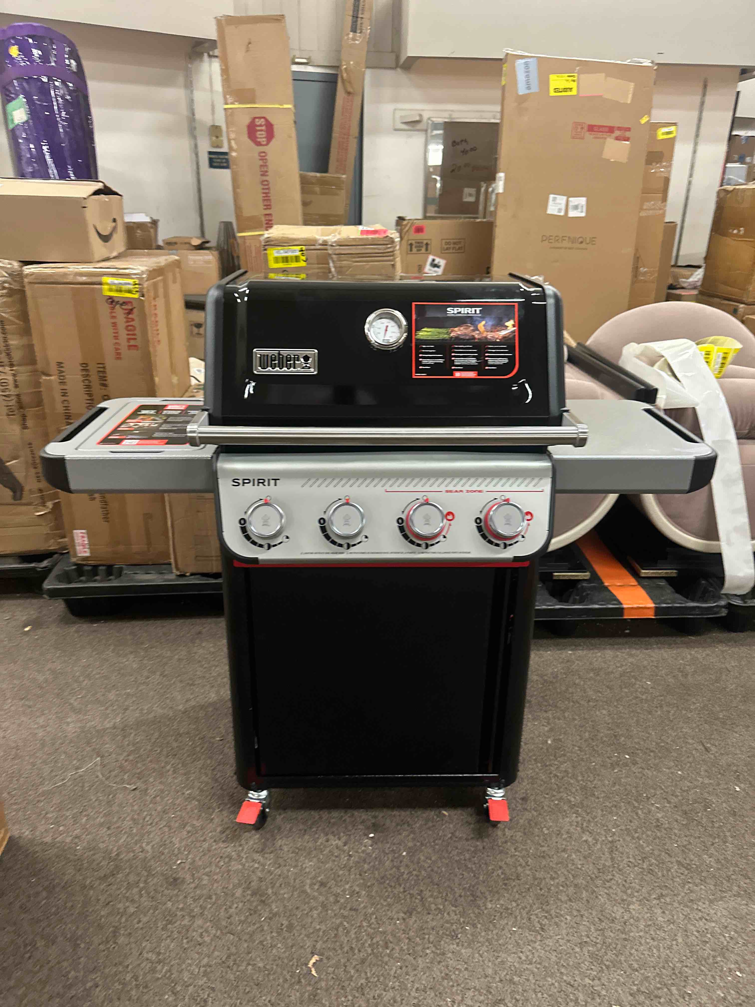 Condition photo showing New/Like New for weber spirit e-425 liquid propane gas grill for outdoor cooking and bbq, 4 burner, black – porcelain-enameled cast-iron grates, 2 boost burners &sear zone | 4 burners, sear zone w/boost burners, porcelain-enameled cast-iron grates, weber works™ rails, bbq grill, weber grill proffesionally assembled.)