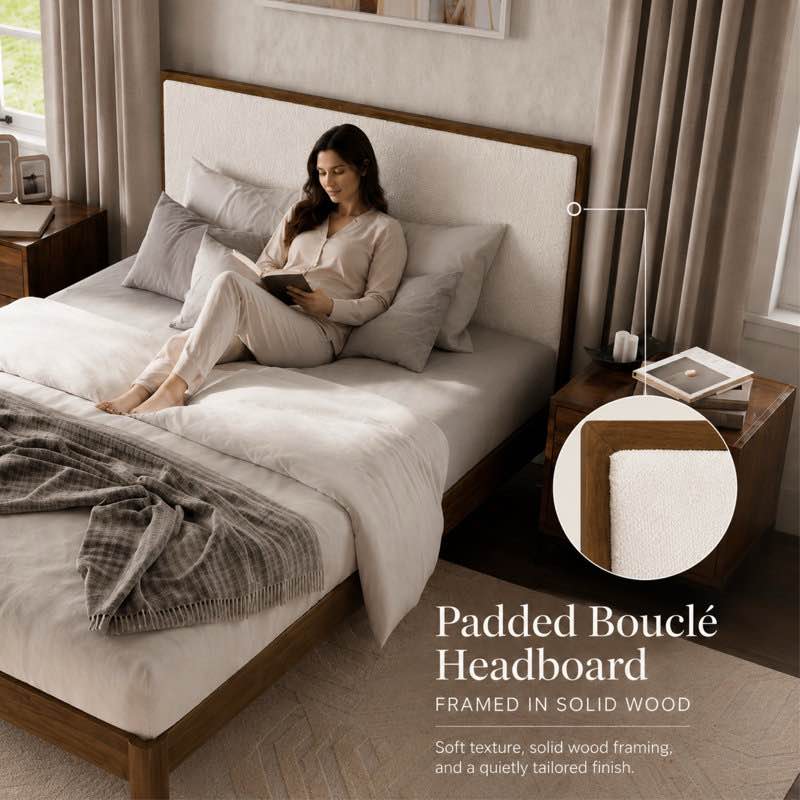 Condition photo showing New/Like New for luca solid wood upholstered boucle bed frame by latitude run
