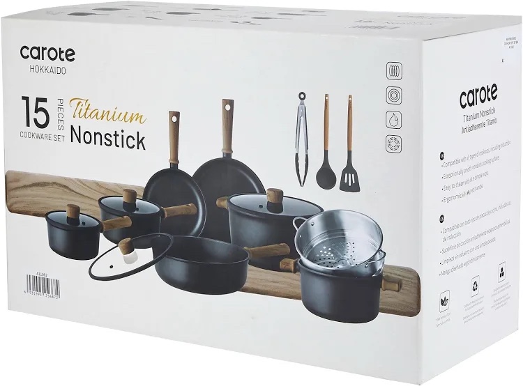 Condition photo showing Good Condition for carote ceramic cookware set nonstick, 14pcs pots and pans set nonstick, non-toxic & pfas-free, dishwasher/oven safe, rv/camping cookware set, cooking pots with lids, (black)
