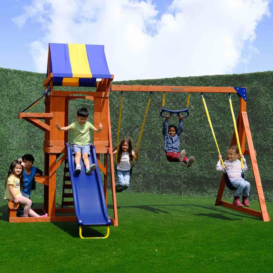 Condition photo showing New/Like New for sportspower sunnyslope wooden swing set with lifetime warranty on 6' double wall slide by sportspower