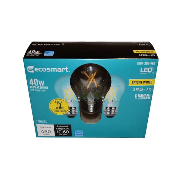 EcoSmart 40-Watt Equivalent A15 Dimmable ENERGY STAR Clear Glass Filament Vintage Edison LED Light Bulb Bright White (3-Pack)