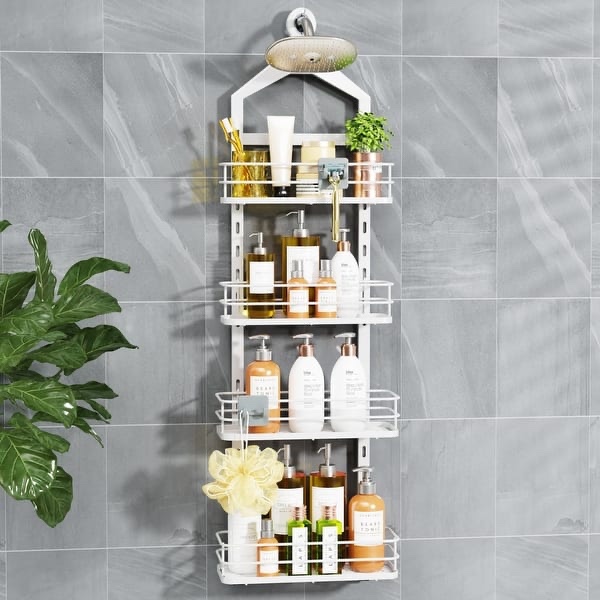 Shower Caddy Organizer Over Head Anti-Swing Hanging Bathroom Shelves Basket Rack Rustproof - 4 Tier - White