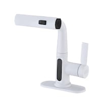 LED Temperature Display Bathroom Faucet with Pull Out Sprayer - White