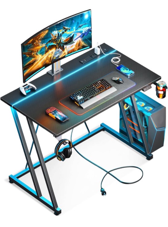 MOTPK Small Gaming Desk with LED Lights & Power Outlet, Computer Desk 31.5inch for Small Space, Cheap Gaming Table with Carbon Fiber Texture, Kids Desk Gift for Boys Men, Black