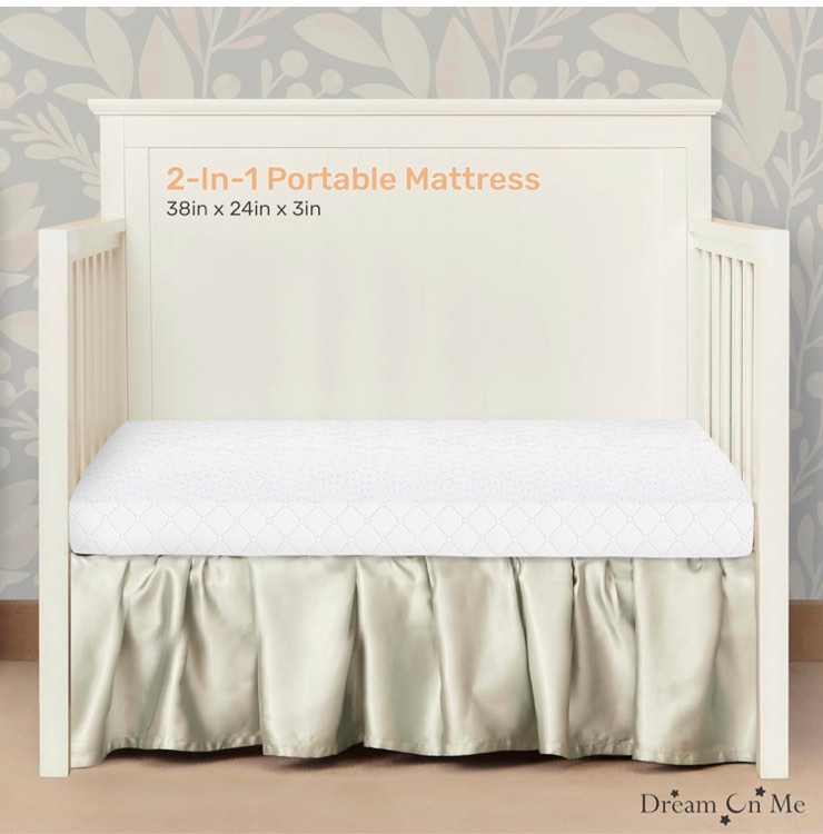 Dream On Me Holly 3” Fiber Portable, Greenguard Gold Certified, Waterproof Vinyl Cover, Lightweight Mini Crib Mattress, White