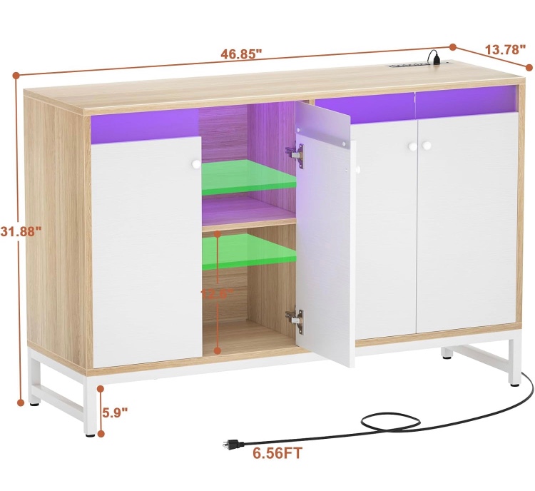 Aheaplus Sideboard Buffet Cabinet with Power Outlet, Kitchen Storage Cabinet with LED Light & Acrylic Doors, Accent Cabinet Cupboard Console Table for Dining Room, Kitchen, Hallway, Natural