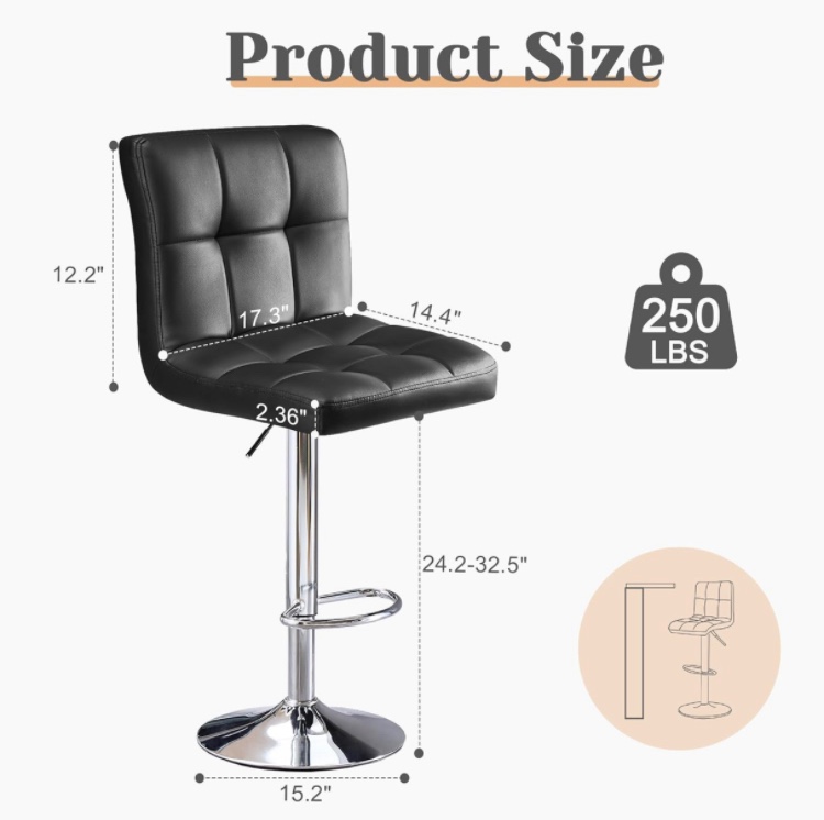 Sweetcripy Bar Stools Set of 2, PU Leather Adjustable Swivel Barstools, Armless Hydraulic Kitchen Counter Height Bar Stools, Thickened Seat Cushion Square Island Barstools with Back, Black