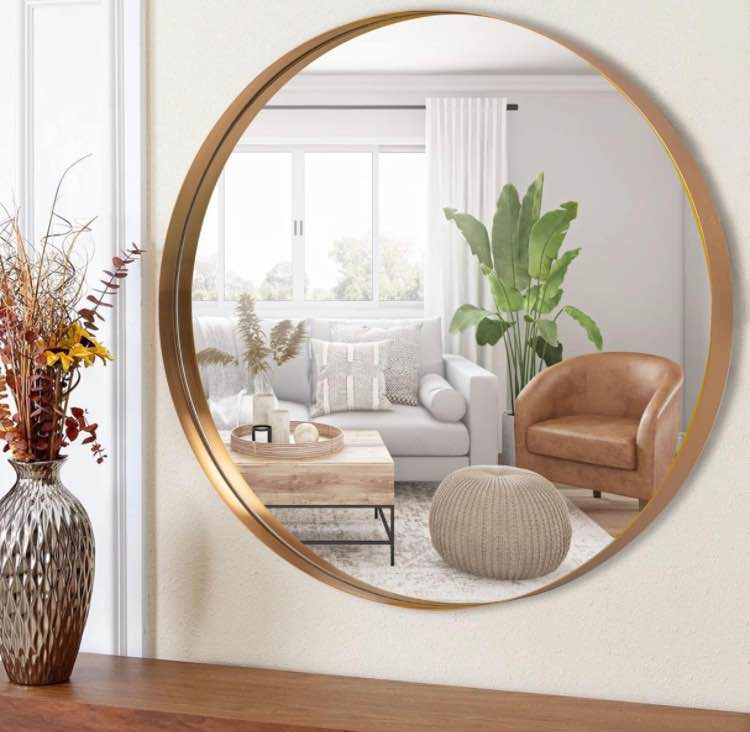 NeuType Round Mirror 28inch Circle Mirror Metal Framed Wall Mirror Large Vanity Hanging Decorative Mirrors for Wall Bathroom Bedroom Living Room (Gold, 28" x 28")