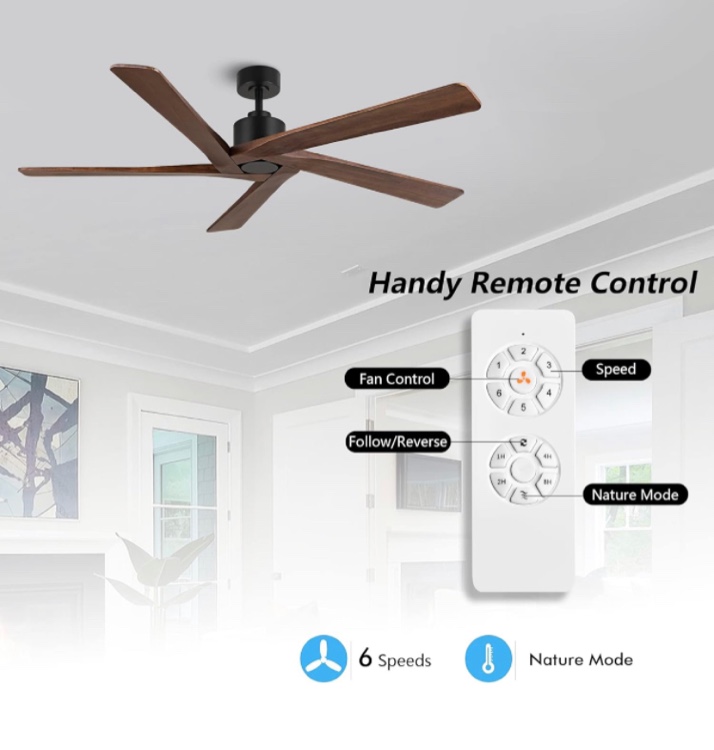 WINGBO 54 Inch DC Ceiling Fan Without Lights, 5 Reversible Carved Solid Wood Blades, 6-Speed Noiseless DC Motor, Ceiling Fan No Light with Remote, Matte Black Finish with Walnut Blades, ETL Listed