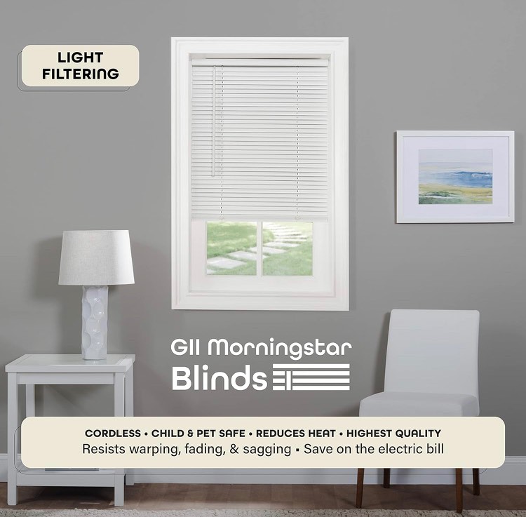 Cordless Light Filtering Mini Blind - 40 Inch Length, 64 Inch Height, 1" Slat Size - Pearl White - Cordless GII Morningstar Horizontal Windows Blinds for Interior by Achim Home Decor