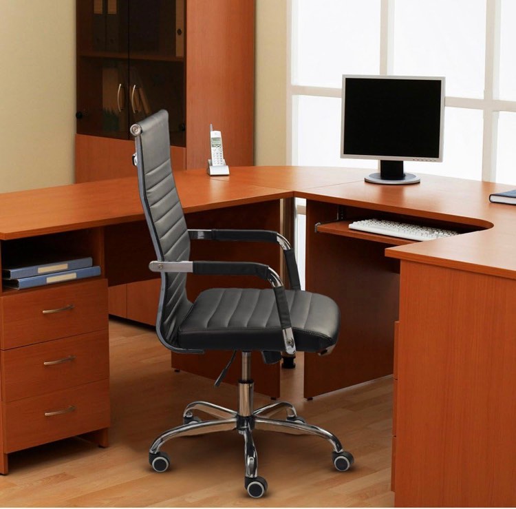 Furmax Ribbed Office Desk Chair Mid-Back PU Leather Executive Conference Task Chair Adjustable Swivel Chair with Arms (Black)