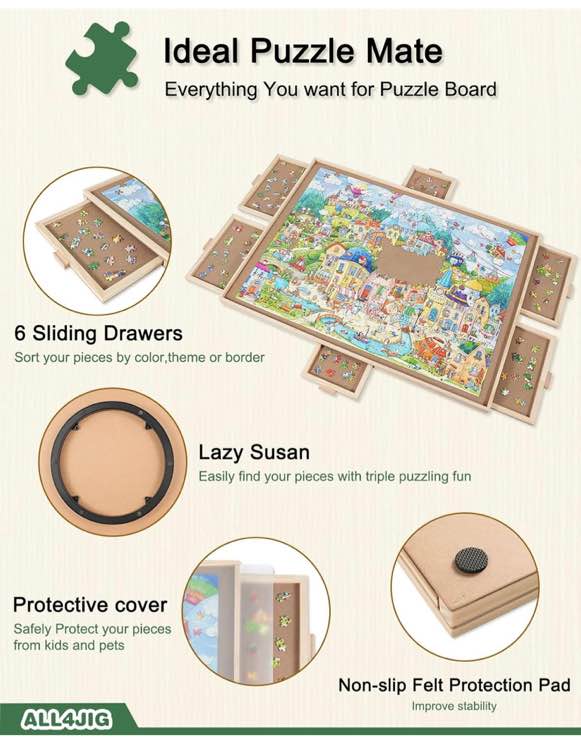 ALL4JIG 1500 Pieces Rotating Puzzle Board with 6 Drawers and Cover,26"x35"Portable Wooden Jigsaw Puzzle Table for Adults,Lazy Susan Spinning Puzzle Boards (Medium-1500)