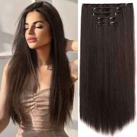MEINCOLORS Clip in Hair Extensions 22 Inch 7pcs 130g Long Wavy Curly Synthetic Hairpieces for Women (Dark brown)
