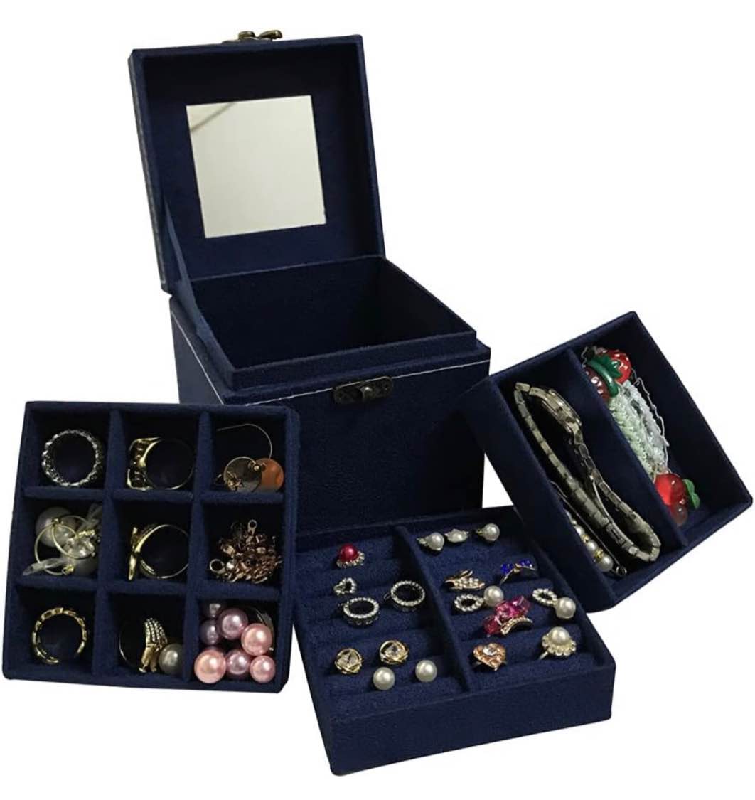 NC Jewelry Box Organizer Women Girls 3 Inner Plates Necklaces Rings Earrings Display Storage case Vintage Metal Lock Handle (Navy)