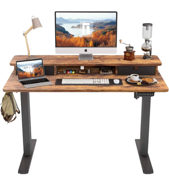 FEZIBO Height Adjustable Electric Standing desk with Double Drawer, 48 x 24 Inch Table with Storage Shelf, Sit Stand Desk with Splice Board, Black Frame/Rustic Brown Top, 48 inch