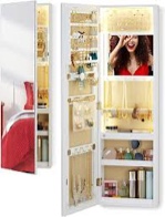LUXFURNI Mirror Jewelry Cabinet 89 LED Lights Wall-Mount/Door-Hanging Armoire, Full screen mirror Large Storage Organizer Lockable