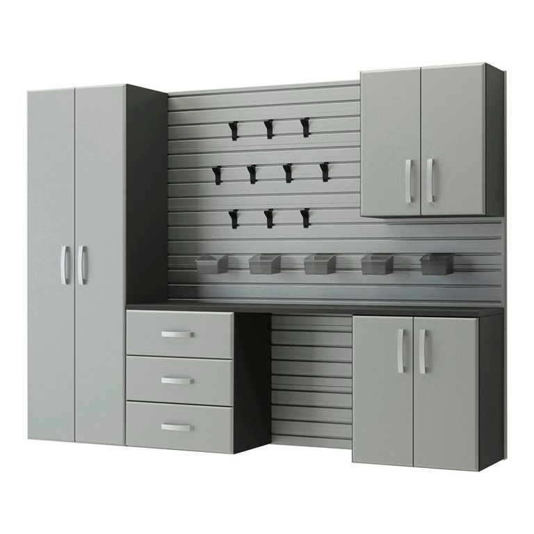 RST Brands Flow Wall 5 PC Plastic & Steel Hook and Cabinet Set in Silver (INCLUDES: (1) BASE CABNET BODY FWC-CAB3.3/ (2) SINGLE CABINET SHELVES FCS-MD2212-2/ 4 SHORT CABINET DOORS FWC-DO2.3 /(12) PIECES OF WHITE FLOW WALL 96 in. W x 12 in. H x 3/4 in. D/Flow Wall Jumbo Storage Cabinet - Cabinet 72 in. H 36 in. Wx 20 in. D/2 WIRE HANGING SHELVES.)