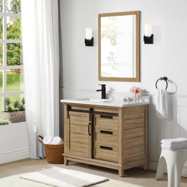 Ove Decors Edenderry 42" Free Standing Single Basin Vanity Set with Wood Cabinet, Cultured Marble Vanity Top, and Power Bar Model:15VVAR-EDEN42-122EI