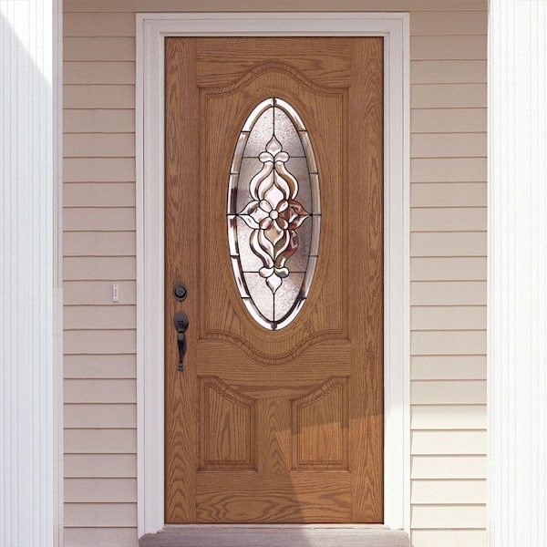 Feather River Doors 37.5 in. x 81.625 in. Lakewood Patina 3/4 Oval Lite Stained Medium Oak Fiberglass Front Door