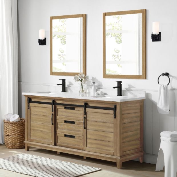 OVE Decors Edenderry 72 in. W x 22 in. D x 34 in. H Double Sink Vanity in Almond Latte with White Engineered Marble Top and Outlet