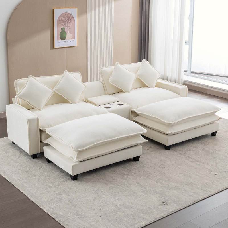 Harper and Bright Comfort Chic Osmer 112.6''  Upholstered Sofa w/ USB Charging Station Arm Rest w/ Storage Chest & Stainless Steel Cup Holders, Color: White Chennile (COMPLETE)