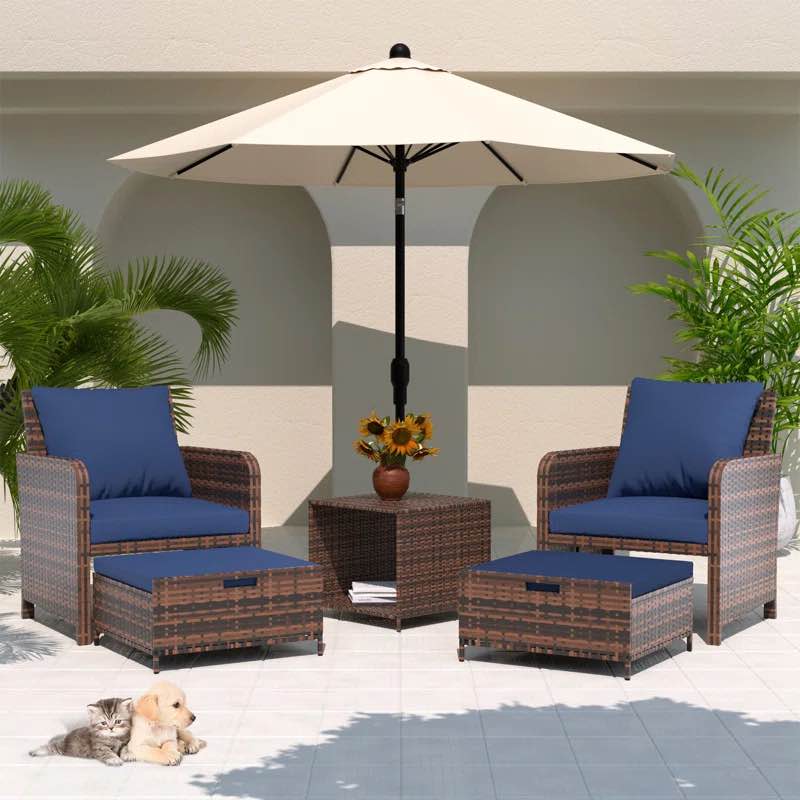 Red Barrel Studios Wicker/Rattan 2 Person Seating Patio Conversation Sets With Ottoman Navy (COMPLETE)